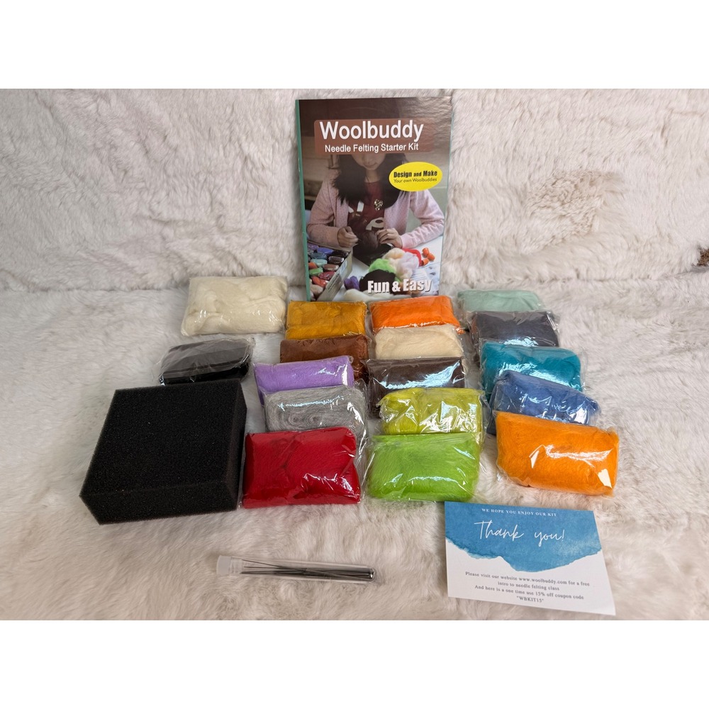 Woolbuddy Needle Felting Starter Kit 16 Colors Wool Roving Foam Mat Needles DIY